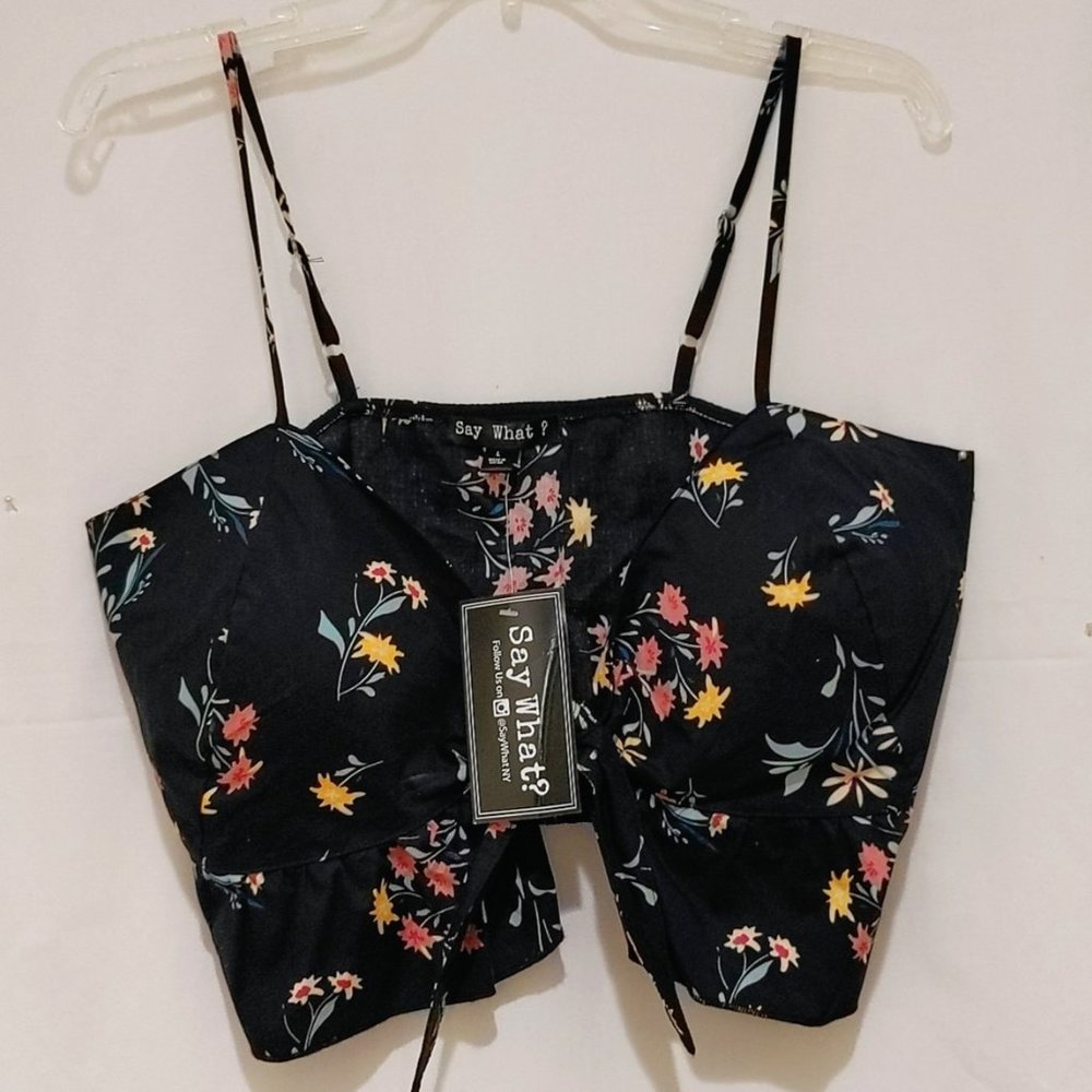 Say What? - NWT Black Floral Front Tie Bustier Style Top with adjustable straps